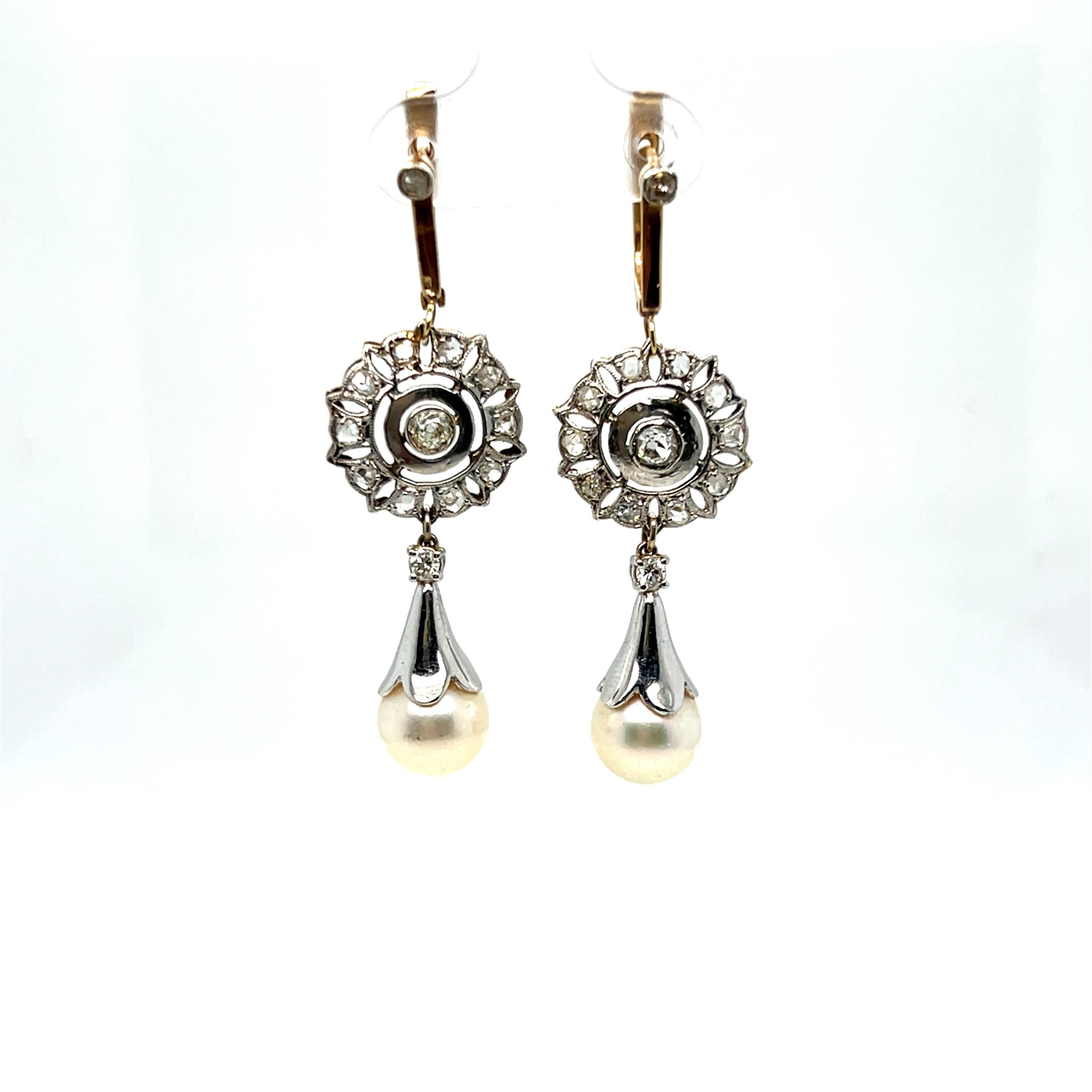 Beautiful Vintage Art Deco 14K Yellow/ White Gold Diamond and Pearl Earrings.